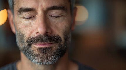 Fototapeta premium Man with closed eyes enjoying a moment of calm and relaxation. Close-up portrait capturing tranquility and peace