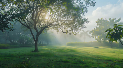 Obraz premium Beautiful landscape in park with tree and green grass field at morning.