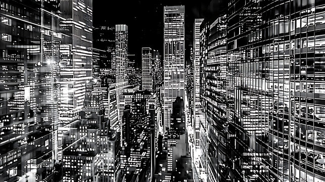 Fototapeta Black and white New York City at night panoramic picture, USA.