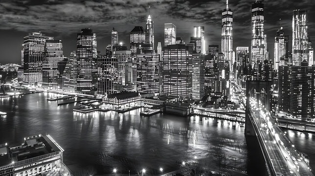 Fototapeta Black and white New York City at night panoramic picture, USA.