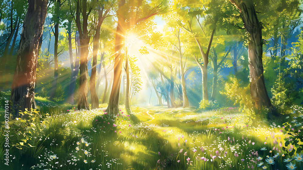 Poster beautiful forest in spring with bright sun shining through the trees