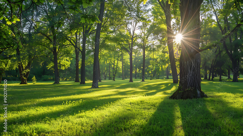 Poster beautiful forest in spring with bright sun shining through the trees