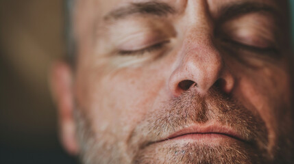 Fototapeta premium Man with closed eyes enjoying a moment of calm and relaxation. Close-up portrait capturing tranquility and peace