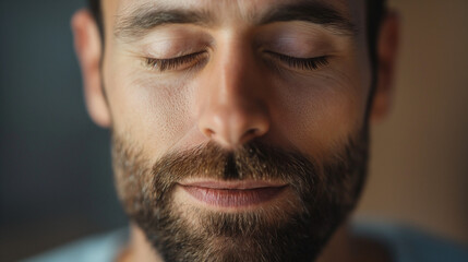 Fototapeta premium Man with closed eyes enjoying a moment of calm and relaxation. Close-up portrait capturing tranquility and peace