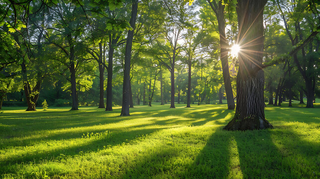 Beautiful forest in spring with bright sun shining through the trees