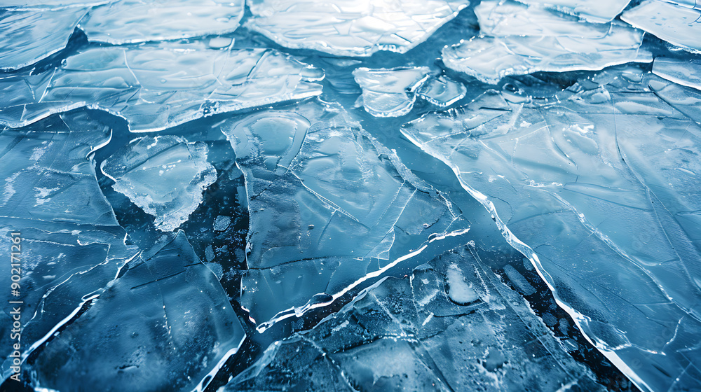 Poster abstract ice background. blue background with cracks on the ice surface