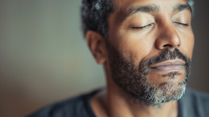 Obraz premium Man with closed eyes enjoying a moment of calm and relaxation. Close-up portrait capturing tranquility and peace