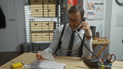 Middle-aged bearded man examines papers in a detective's office, indicating an indoor crime...