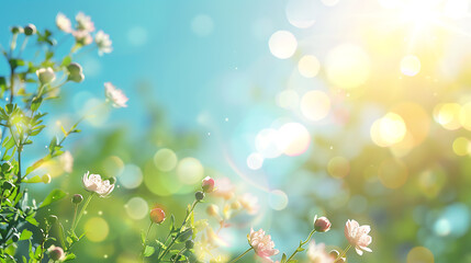 Obraz premium A fresh spring blue sunny sky background with blurred warm sunny glow.