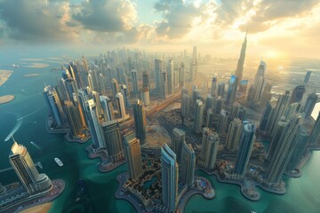 Modern Skyline Overlooking Calm Waters at Sunset