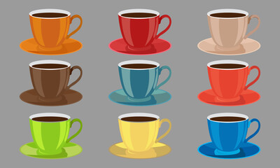 Coffee cup vector icon collection. Collection of symbols with various colors of coffee and tea cups. Vector Illustration.