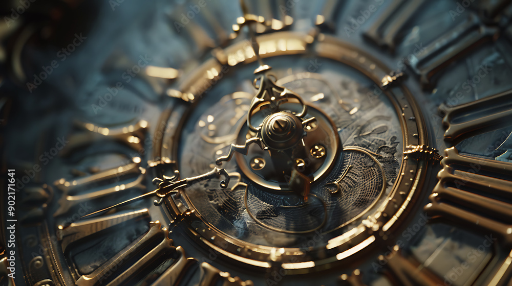 Poster close close-up of clock face. hands pointing to twelve. midday