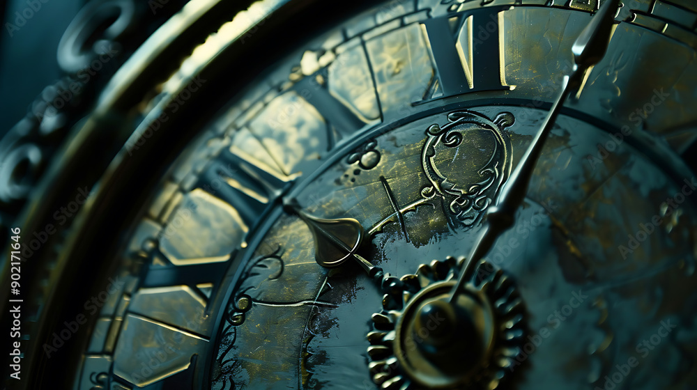 Poster close close-up of clock face. hands pointing to twelve. midday