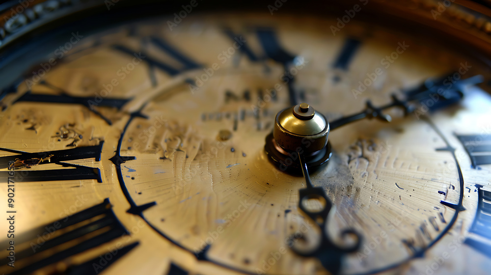Poster close close-up of clock face. hands pointing to twelve. midday
