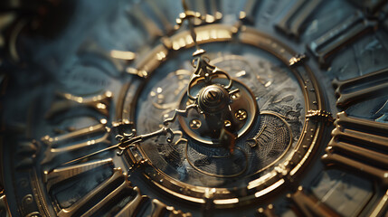 Obraz premium Close close-up of clock face. Hands pointing to twelve. Midday