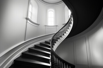 Obraz premium Elegant Spiral Staircase in a Grand Room with Large Windows