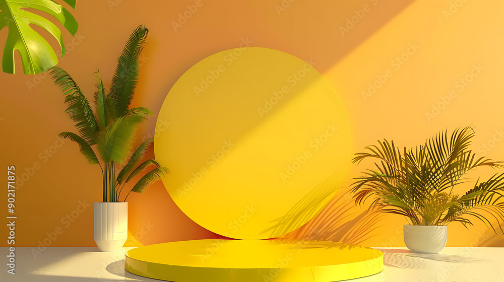 Aufkleber Blank yellow display on vivid summer background with minimal style. Blank stand for showing product. 3D rendering.