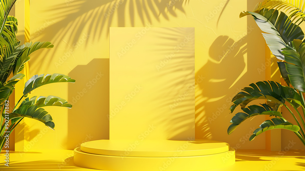 Aufkleber Blank yellow display on vivid summer background with minimal style. Blank stand for showing product. 3D rendering.