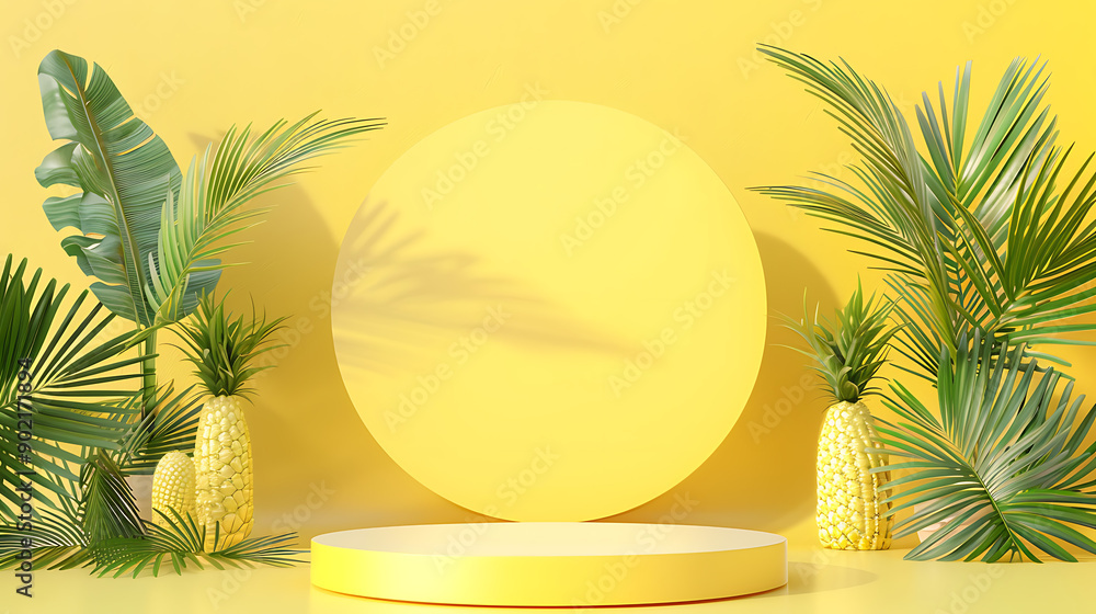 Poster Blank yellow display on vivid summer background with minimal style. Blank stand for showing product. 3D rendering.