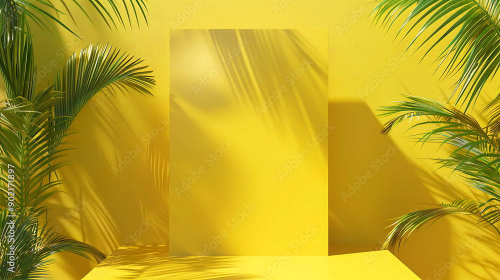 Poster blank yellow display on vivid summer background with minimal style. blank stand for showing product.