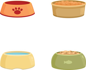 Fototapeta na wymiar Collection of colorful, cartoonstyle pet bowls for food and water