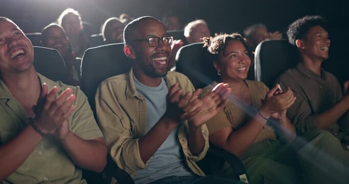 People, happy or clapping in theater, performance or comic entertainment as bonding together. Friends, cinema or applause in happiness at celebration of laughter, funny or joke at night outing