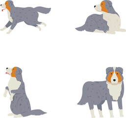 Set of four cute cartoon dogs showcasing different emotions and postures