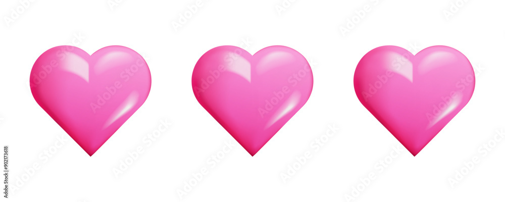 Poster 3d pink hearts. abstraction and doodle. render. shiny. icon. vector. mark. design elements. white ba