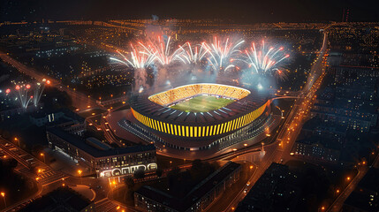 An aerial view of the modern football stadium with fireworks lighting up in celebration
