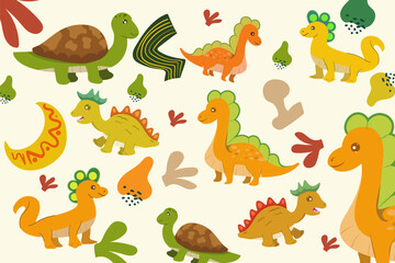 Hand drawn Random pattern with dinosaurs and abstract shapes. Colorful Cute Dino cartoon design. Perfect for kids fabric, textile, nursery wallpaper, clothes print template.