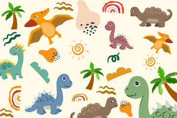 Hand drawn Random pattern with dinosaurs and abstract shapes. Colorful Cute Dino cartoon design. Perfect for kids fabric, textile, nursery wallpaper, clothes print template.