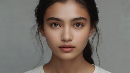 Brunette lady model with ethereal facial features on a kind of messy pony tail posing, projecting in front of the camera showcasing a natural look make-up