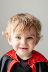 A cute little boy wearing a red and black cape, smiling at the camera, with blonde hair, dressed as Dracula against a white background