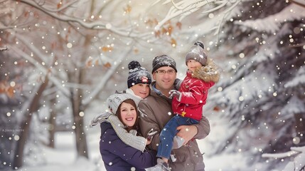 Happy family enjoying a snowy day outdoors.