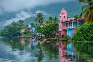 Fototapeta premium Pink Church on Riverbank in Colorful Town