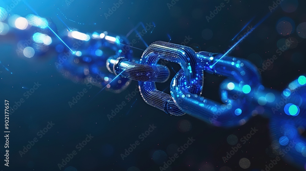 Poster superb digital blockchain technology chain close up on dark background