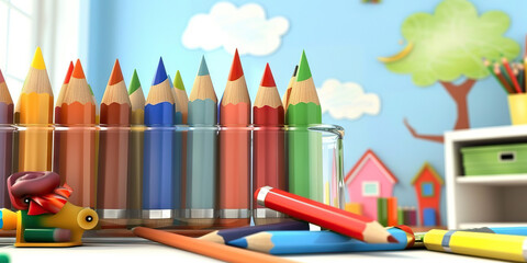 Obraz premium A set of colorful pencils, pens, and markers, arranged neatly in a jar, waiting for an artist's touch