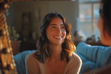 Smiling Woman with Long Hair in a Cozy Living Room