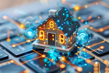 Obraz premium Blue neon house model on a circuit board representing smart home technology and modern digital connectivity