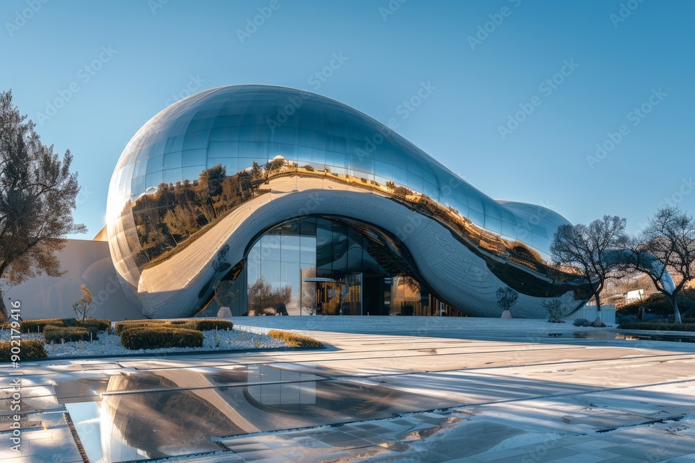 Poster modern architecture building with reflective surface and water feature