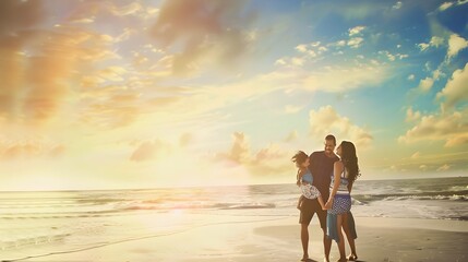 A family of four enjoys a sunset stroll on the beach.