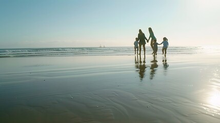 Silhouettes of a family walking along the beach at sunset.