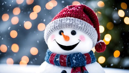 Fototapeta premium Winter holiday christmas background banner - Closeup cute laughing snowman with wool hat and scarf, on snowy snow snowscape with bokeh lights