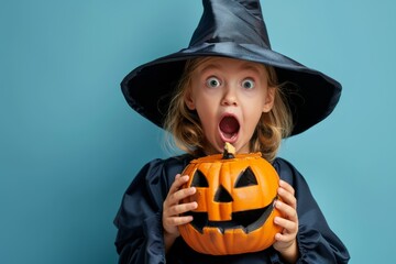 Fototapeta premium young beauty girl dressed as witch, holding halloween pumpkin and surprised face expression on blue background