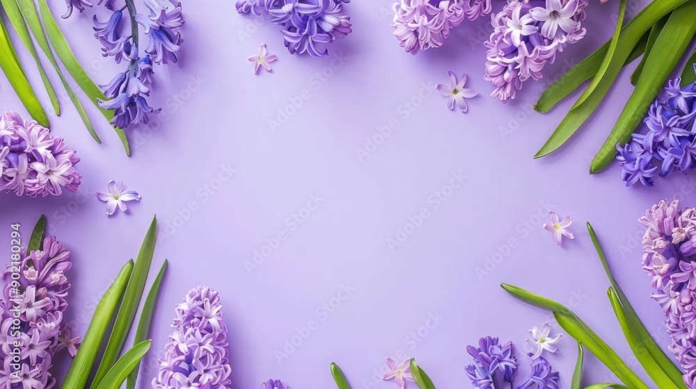 Poster spring hyacinth flower frame on colored background top view with text space