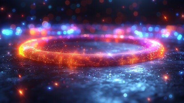 Glowing Geometric Circles in Vibrant Multicolored Radiant Display on Dark Blue Background