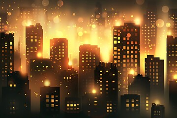 Abstract cityscape glowing lights and bokeh effect in night background.
