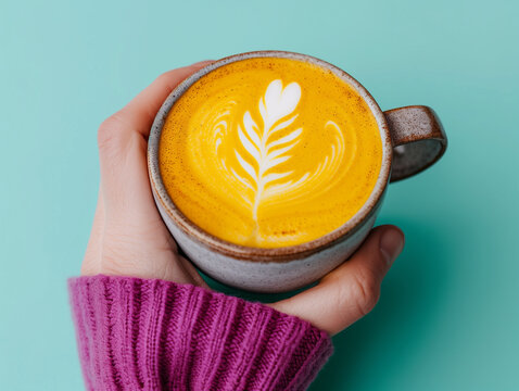 Woman holds a mug of vibrant yellow turmeric latte with latte art, set against a turquoise backdrop