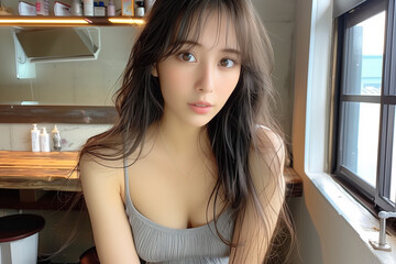 グレーのタンクトップを着ている可愛い女性モデル