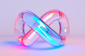 Mesmerizing modern art: a neon-lit glass infinity symbol radiates love, hope, and faith in vibrant pink, blue, and purple hues, evoking spirituality and infinite possibilities